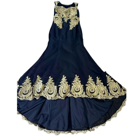 Black And Gold Mesh Embroidered Full Train Gown Evening Dress Size M - Picture 9 of 10